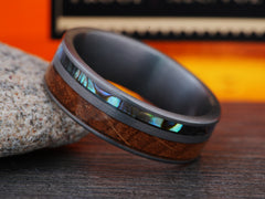 The Marksman | Mens Wedding Band Made Of Tungsten, Bourbon Barrel Wood and Abalone Seashell