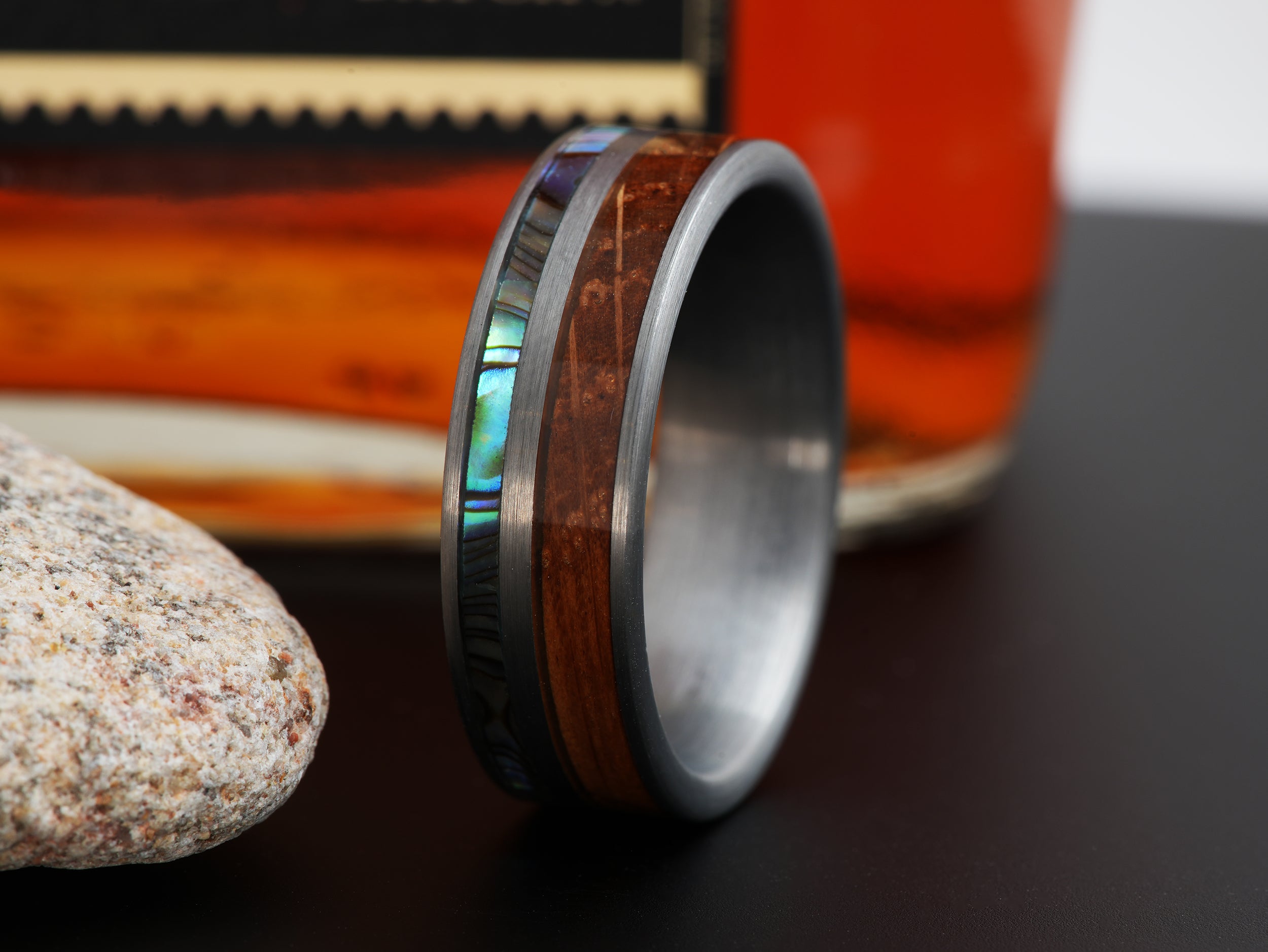 The Marksman | Mens Wedding Band Made Of Tungsten, Bourbon Barrel Wood and Abalone Seashell