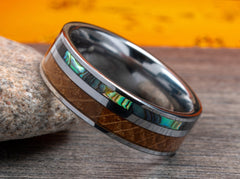 The Collector | Mens Wedding Band Made Of Tungsten, Bourbon Barrel Wood and Abalone Seashell