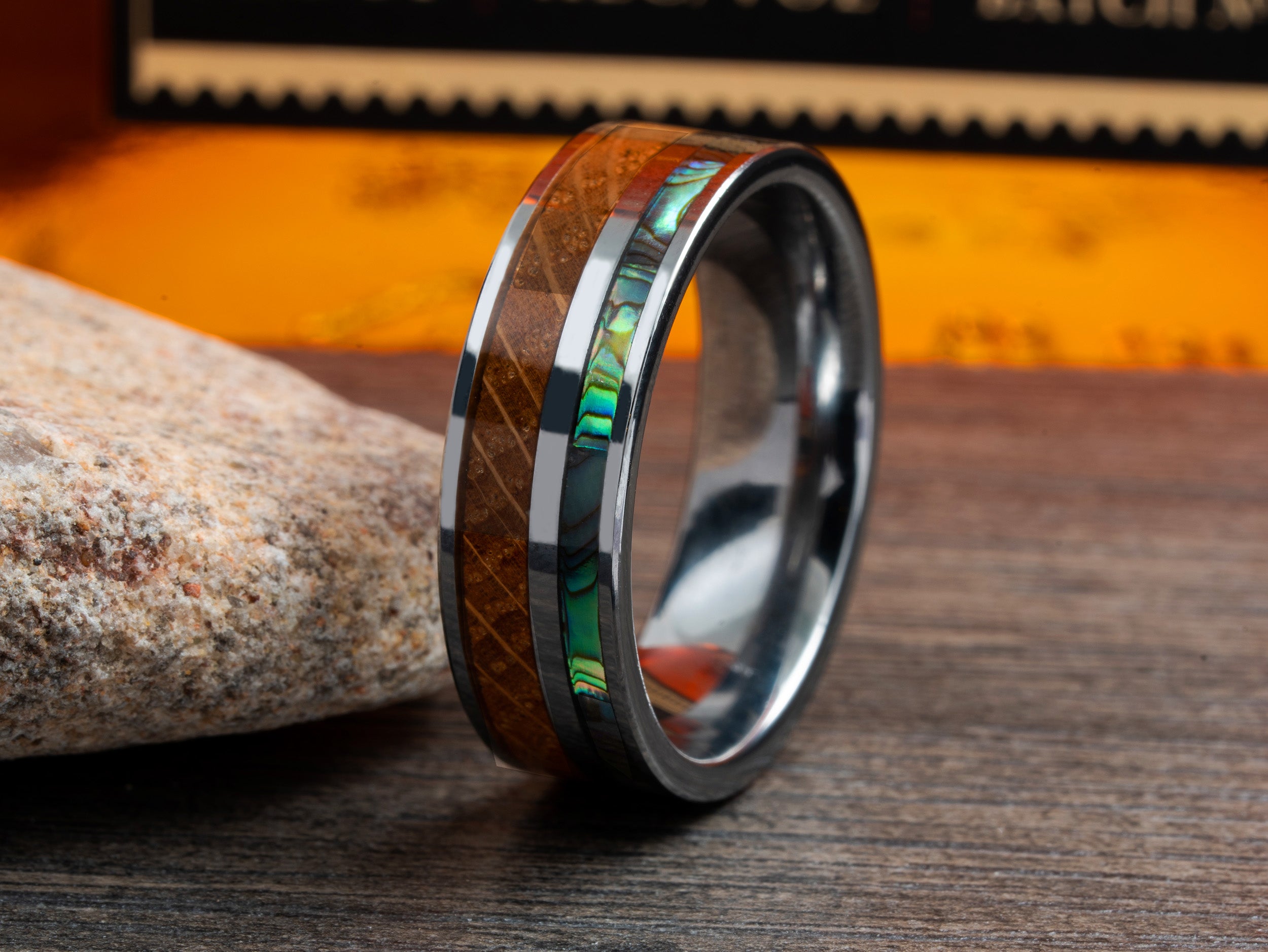 The Collector | Mens Wedding Band Made Of Tungsten, Bourbon Barrel Wood and Abalone Seashell