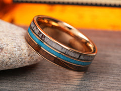 The Bronwen | Rose Gold Tungsten Wedding Band with Bourbon Barrel Wood, Antler and Crushed Turquoise