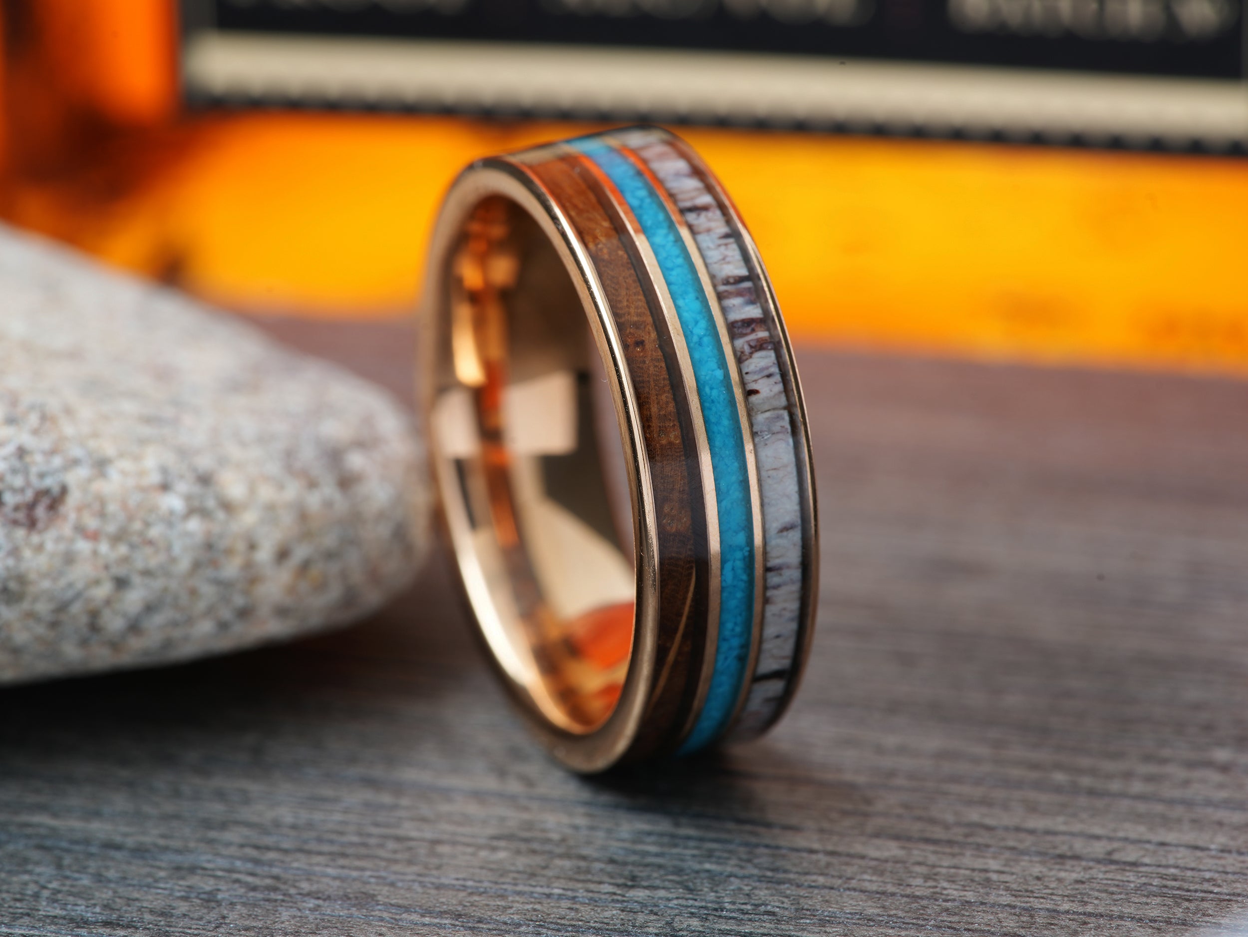 The Bronwen | Rose Gold Tungsten Wedding Band with Bourbon Barrel Wood, Antler and Crushed Turquoise