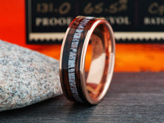 The Adonis | Rose Gold Tungsten Ring with Crushed Turquoise, Bourbon Barrel Wood, and Antler Inlay