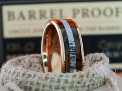 The Adonis | Rose Gold Tungsten Ring with Crushed Turquoise, Bourbon Barrel Wood, and Antler Inlay